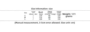 Size chart for faux suede long trench coat showing measurements for S, M, and L in cm