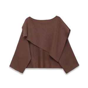 Chic dark brown asymmetric knit shawl top with off-shoulder neckline for women