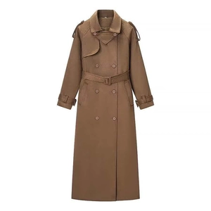 Women Elegant Suede Long Trench Coat Double Breasted Belted Windbreaker Outwear For Autumn Winter Camel Office Commute