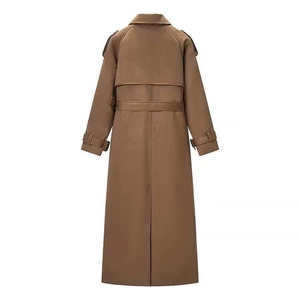 Classic camel faux suede trench coat for women with waist belt and back storm flap details