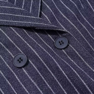 Navy blue striped wool-blend blazer with notched lapels and classic four-hole buttons