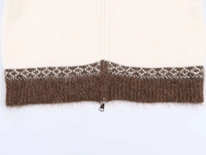 Detailed macro view of geometric jacquard pattern and metal zipper on knit cardigan