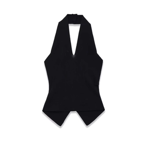 Women's black halter neck v-neck ribbed knit vest with asymmetric pointed hemline