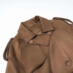 Long brown faux suede trench coat for women with classic lapel and shoulder epaulettes