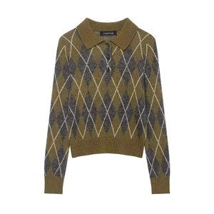 Pull Polo en Maille Argyle Vintage pour Femmes Manches Longues Vert Olive Gris Plaid Pullover Décontracté Chaud Hiver