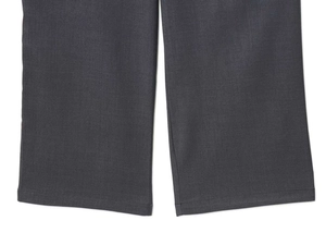 Detail view of smooth hem stitching and twill texture on dark grey straight leg trousers