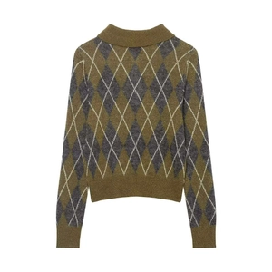 Pull polo en maille à losanges pour femme, manches longues, vert olive et gris chic