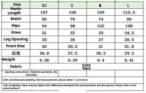 Detailed size chart for high waist wide leg trousers including length and waist measurements