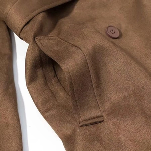 Long brown faux suede trench coat for women featuring side pockets and button details