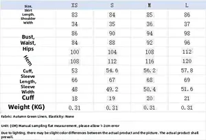 Detailed size chart for floral waist-tie shirt dress with puff sleeves showing XS to L metrics