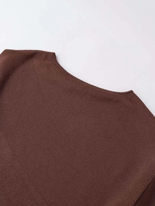 Close-up of dark brown knit sweater neckline showing premium knitted texture and detail