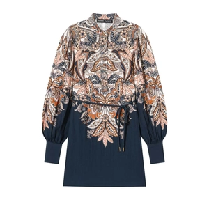 Women Bohemian Paisley Print Patchwork Midi Shirt Dress Long Lantern Sleeve Stand Collar Waist Tie Vintage Boho Dress
