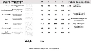 Size chart for women's pink single-breasted blazer showing XS to L measurements