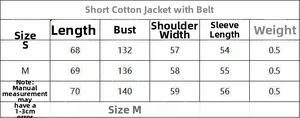 Size guide for women's padded jacket with belt including chest and length measurements