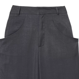 Deep grey high-waisted straight trousers featuring unique large side pockets and smooth texture