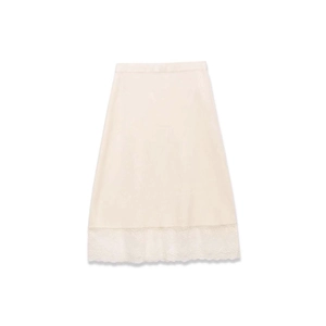 Women Elegant Lace Hem Mid-Length Skirt Elastic High Waist Solid Color Satin Look Half Slip Underwear Skirt