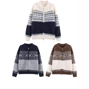 Women Vintage Fair Isle Geometric Jacquard Knit Zipper Cardigan Sweater Off White Navy Blue Coffee Warm Winter Top