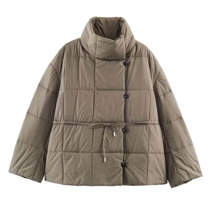 Women's Casual Quilted Puffer Jacket High Stand Collar Mid-Length Drawstring Waist Warm Cotton Padded Coat For Winter Outwear
