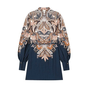 Paisley print patchwork shirt dress with lantern sleeves and a cinched waist tie