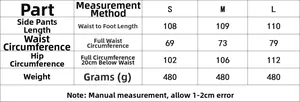 Size guide for plaid ruffle hem jacket and balloon trousers showing S, M, L measurements