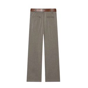 Men's grey business casual trousers with brown leather belt and back pocket detail