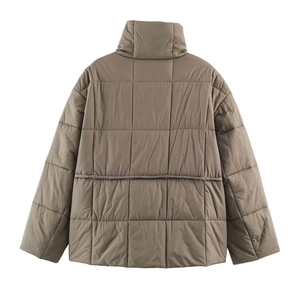Women's earth-tone quilted puffer jacket with high stand collar and loose minimalist fit