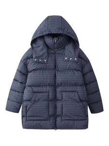 Veste matelassée à capuche bleu marine avec motifs géométriques et grandes poches