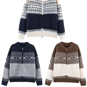 Three Nordic vintage jacquard zip-up knit cardigans in white, navy and brown colors