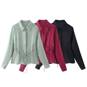 Women Elegant Satin Long Sleeve Blouse Square Collar Adjustable Drawstring Waist Button Down Solid Color Shirt Top Wine Red