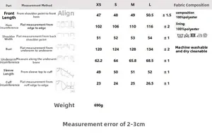 Detailed size chart for retro polka dot fleece jacket with measurements for XS to L