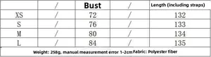 Detailed size chart for satin slip dress showing bust and length in XS to L sizes
