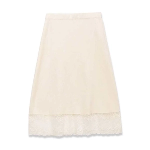 Elegant cream lace midi skirt with elastic waist and delicate floral hem detailing