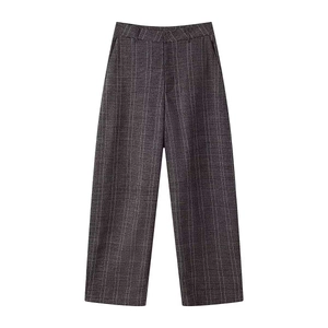 Women's autumn grey plaid wide-leg trousers with high waist and straight cut fit