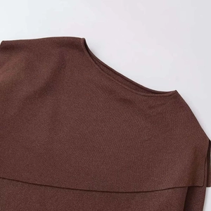 Deep brown asymmetric off-shoulder knit sweater with minimalist textured fabric detail