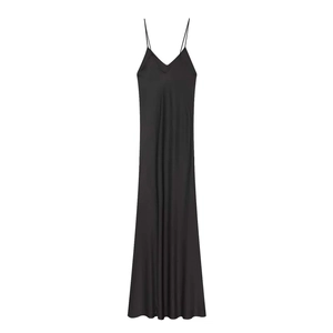 Elegant black silk satin V-neck maxi slip dress with thin straps and a smooth finish