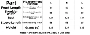 Detailed size chart for hooded winter jacket including length and shoulder measurements