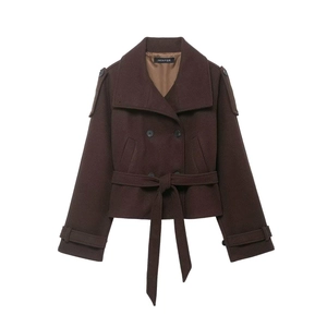 Women Elegant Woolen Short Coat Double Breasted Belted Lapel Jacket Solid Color Autumn Winter Fashion Loose Outerwear