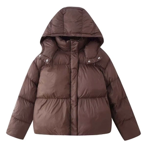 Women Winter Hooded Padded Jacket Deep Brown Quilted Puffer Coat Warm Long Sleeve Outerwear With Pockets Zipper Snap Button
