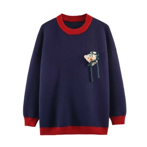 Pull en Tricot Ours 3D de Noël pour Femmes Couleur Contrastée Col Rond Manches Longues Pull Ample Chaud Festif Hiver