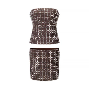 Sexy Strass Mesh Top Senza Spalline E Mini Gonna Motivo Griglia Marrone Clubwear Moda Abbigliamento Completo Per Donne