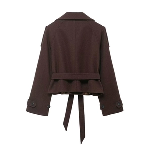 Back view of brown short wool jacket with waist belt, epaulettes and classic lapel