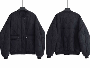 Detailed front and back views of black quilted bomber jacket with gourd stitching