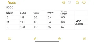 Detailed size chart for women knitwear showing bust and length measurements in S, M, L