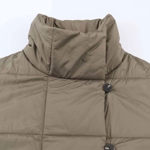 Women's stylish olive green quilted winter puffer jacket with high stand collar and buttons