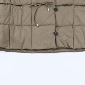 Olive green quilted puffer jacket with drawstring waist and stand-up collar detail