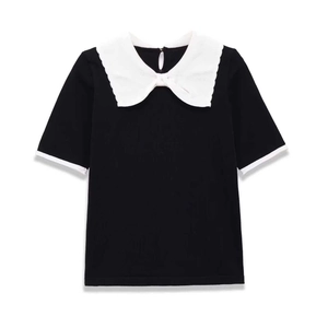 Women Elegant Contrast Color Peter Pan Collar Slim Fit Knit Sweater Short Sleeve Bow Detail Commuter Style Knitwear Top