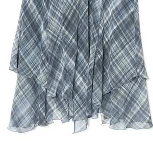 Women's summer plaid tiered skirt with irregular hem in blue and grey checked pattern