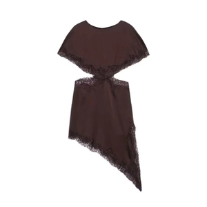 Chocolate satin mini dress featuring eyelash lace trim and asymmetric cutout hem