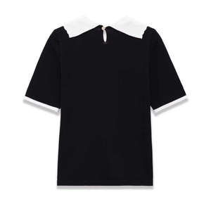 Short sleeve knit top with contrast Peter Pan collar and back pearl button detail