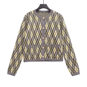 Classic argyle pattern knit cardigan with round neck and buttons in yellow and grey